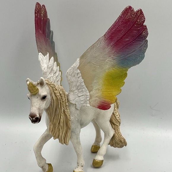schleich Other - Schleich Winged Rainbow Unicorn Figurine Gold Mane Tail Collector Piece 5.5"